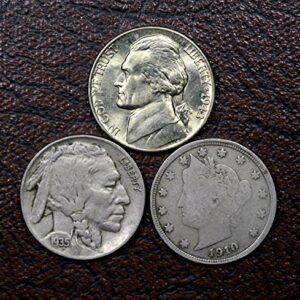 Old U.S. Nickels 3 Coin Collection Set - Liberty Head Nickel, Buffalo Nickel, Jefferson Silver War Nickel