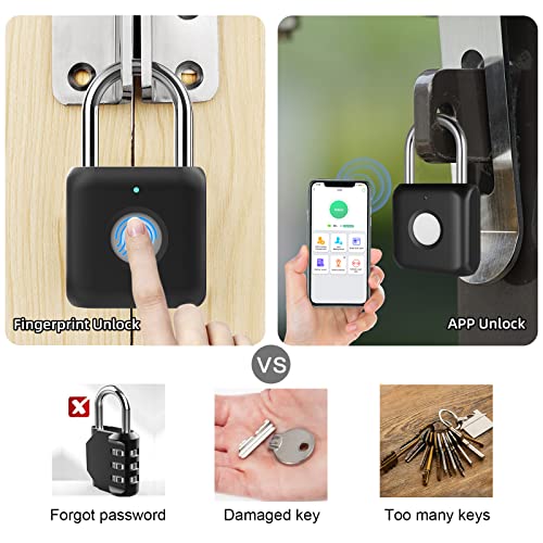 Fingerprint Padlock eLinkSmart App Locker Lock Fingerprint & Phone App, Remotely Authorized, Unlock Record, Schedule, Bluetooth Lock for Gym Locker, School Locker, Backpack, Suitcase, Luggage, Black