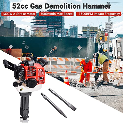 Yescom 52 cc 2 Stroke Gas Powered Demolition Jack Hammer 55J Gasoline Concrete Breaker Drill with 2 Chisels EPA Certified