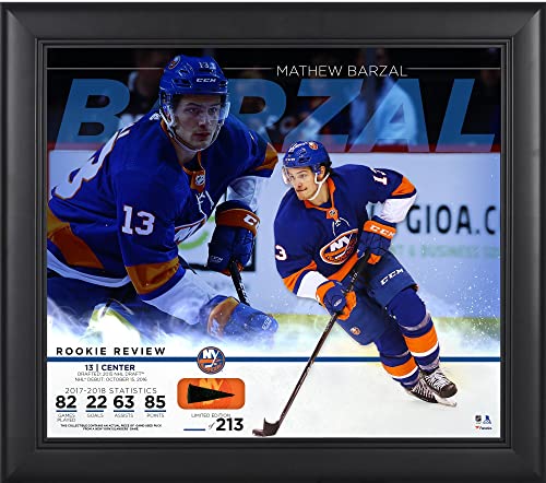 Mathew Barzal New York Islanders Framed 15" x 17" Rookie Review Collage with Piece of Game-Used Puck - Limited Edition of 213 - NHL Game Used Puck Collages