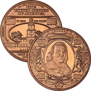 jig pro shop bank note series 1 oz .999 pure copper round/challenge coin ($100 ben franklin)