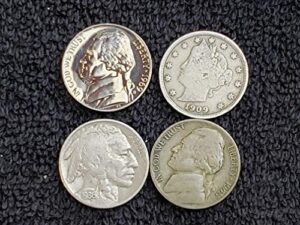 lot of 4 different type nickels - liberty (1883-1912), buffalo (1913-1938), silver war nickel (1942-45) and proof jefferson (1956-1999) 5c all grade good and better
