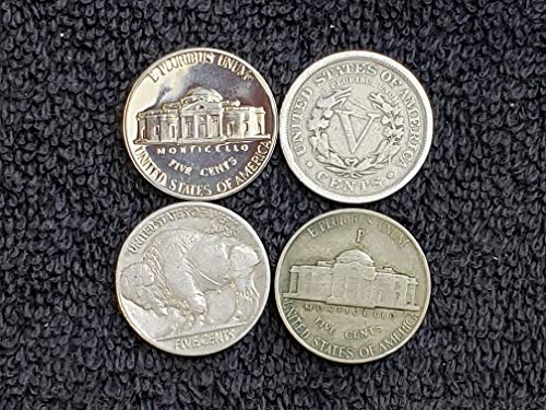 Lot of 4 Different Type Nickels - Liberty (1883-1912), Buffalo (1913-1938), Silver War Nickel (1942-45) and Proof Jefferson (1956-1999) 5c All grade Good and Better