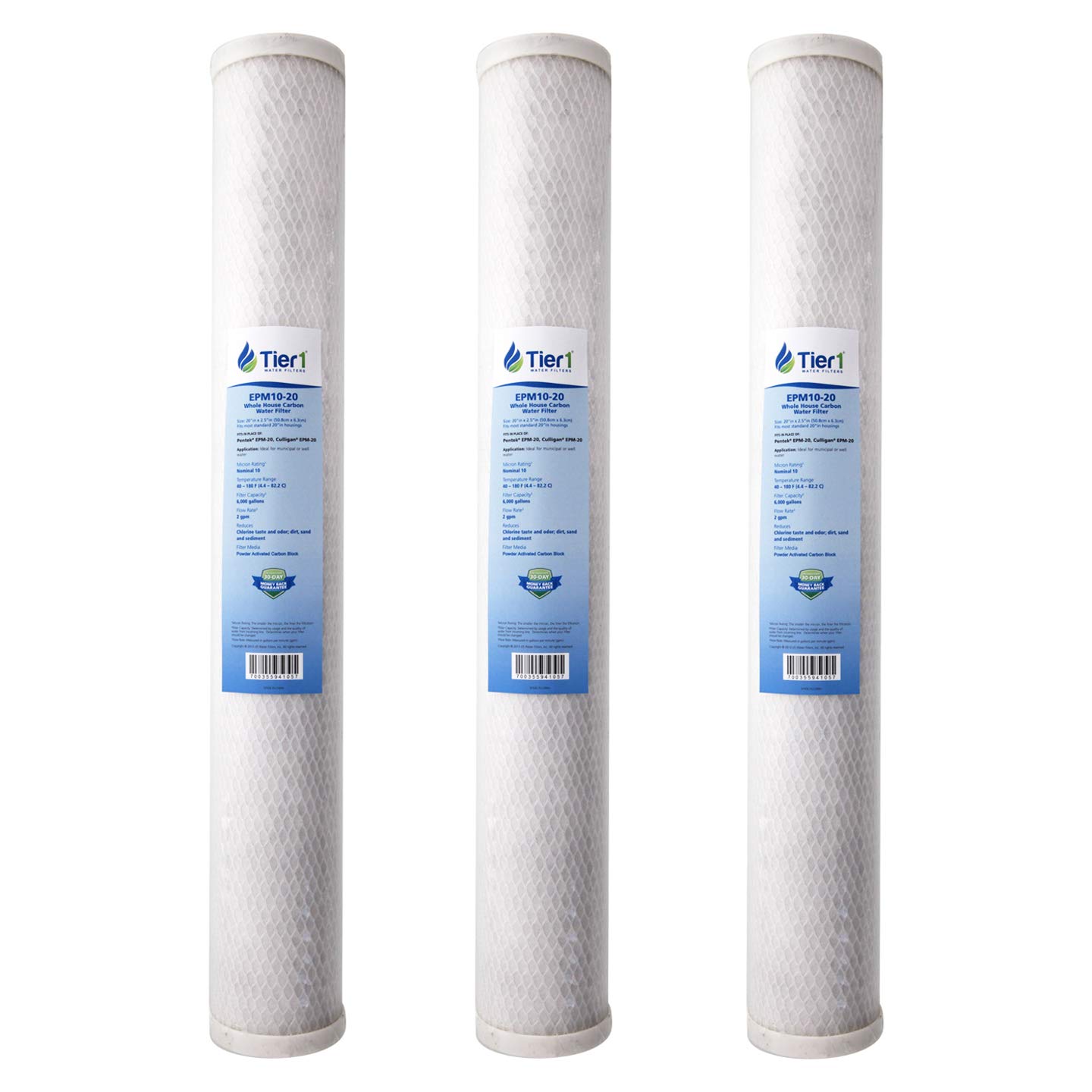 Tier1 10 Micron 20 Inch x 2.5 Inch | 3-Pack Whole House Carbon Block Water Filter Replacement Cartridge | Compatible with Pentek EPM-20, 155635-43, CB-25-2010, Home Water Filter