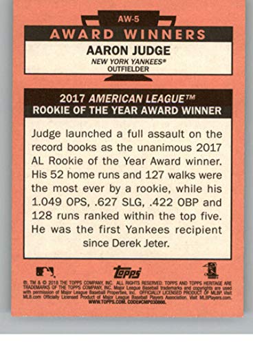 2018 Topps Heritage High Number Award Winners #AW-5 Aaron Judge New York Yankees Official MLB Baseball Trading Card in Raw (NM or Better) Condition