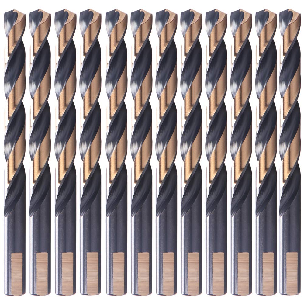 12 PCS,1/4", HSS Black and Gold Coated Twist Drill Bits, Metal Drill, Ideal for Drilling on mild Steel, Copper, Aluminum, Zinc Alloy etc. Pack in Plastic Bag