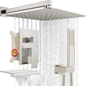 embather shower system with tub spout,12 inch all-metal tub shower faucet combo complete, wall mounted rain shower head with handheld spray, brushed nickle (with brass valve and trim kit)