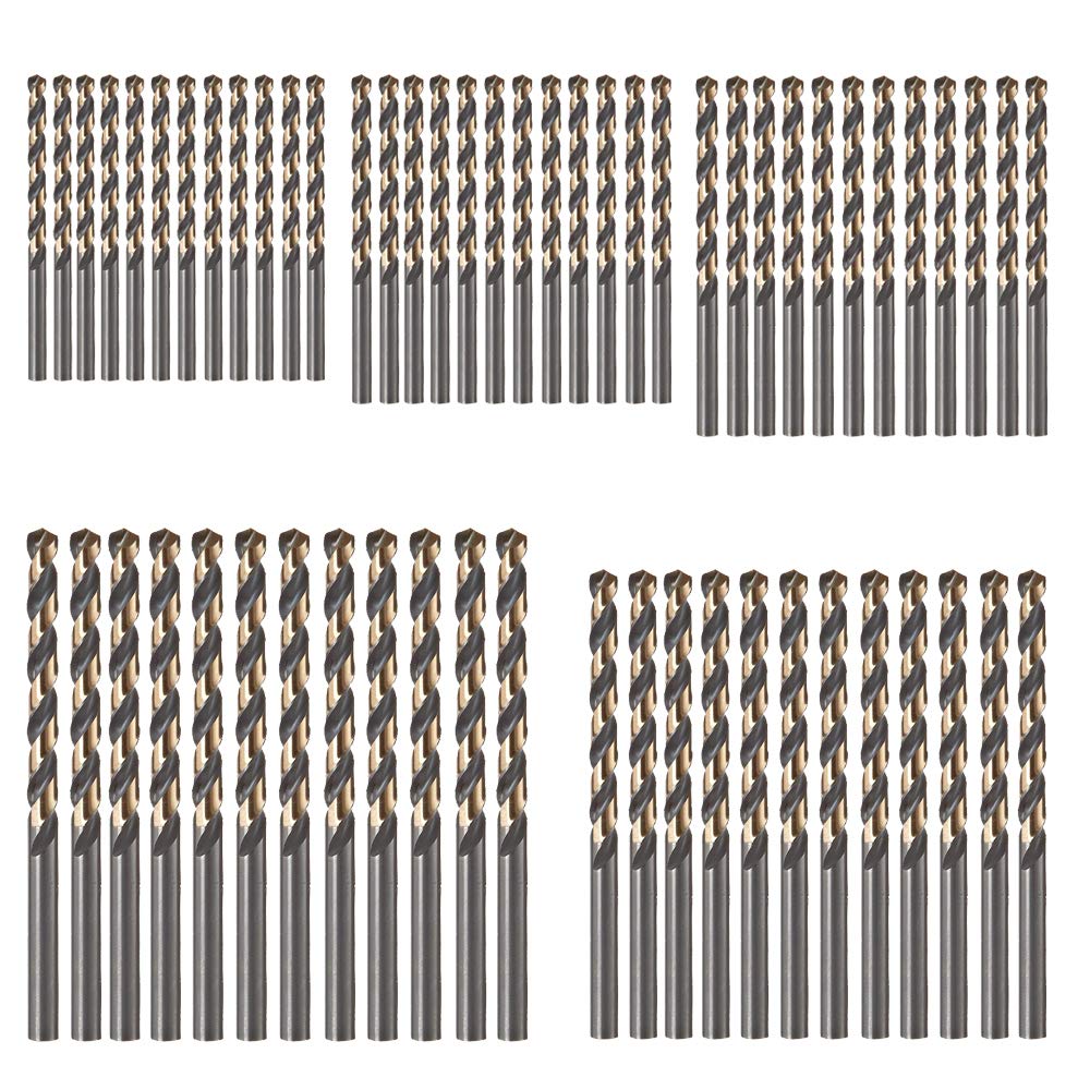 60 PCS,HSS Twist Drill Bits, 1/16", 5/64", 3/32", 7/64", 1/8" [12pcs for Each],Drilling on mild Steel, Copper, Aluminum, Zinc Alloy (M2 Black and Gold Finish)