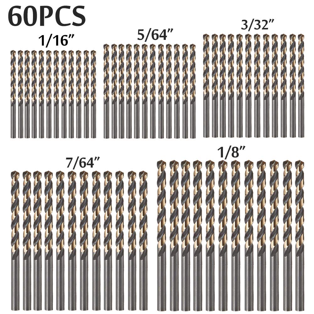 60 PCS,HSS Twist Drill Bits, 1/16", 5/64", 3/32", 7/64", 1/8" [12pcs for Each],Drilling on mild Steel, Copper, Aluminum, Zinc Alloy (M2 Black and Gold Finish)