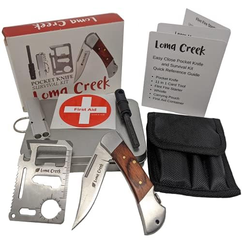 Kids Pocket Knife & Camping Essentials Kit - Multi-Tool Card, Whistle & Fire Starter in a Carrying Case. Easy Close Safety Lock on Knife. Great First Pocket Knife - Made to Last a Lifetime