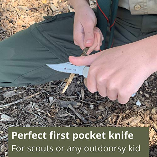 Kids Pocket Knife & Camping Essentials Kit - Multi-Tool Card, Whistle & Fire Starter in a Carrying Case. Easy Close Safety Lock on Knife. Great First Pocket Knife - Made to Last a Lifetime