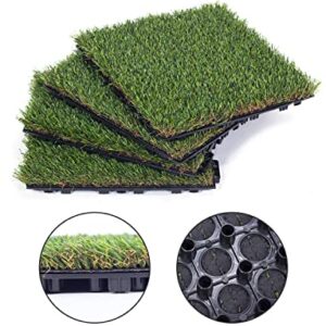 GOLDEN MOON Artificial Grass Turf Tile with Upgrade Interlocking System Self-draining Grass Tiles, 1x1 ft, 1 in Pile Height, 9 Pack