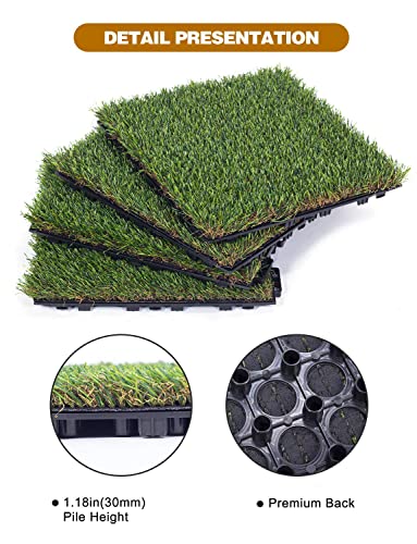 GOLDEN MOON Artificial Grass Turf Tile with Upgrade Interlocking System Self-draining Grass Tiles, 1x1 ft, 1 in Pile Height, 9 Pack