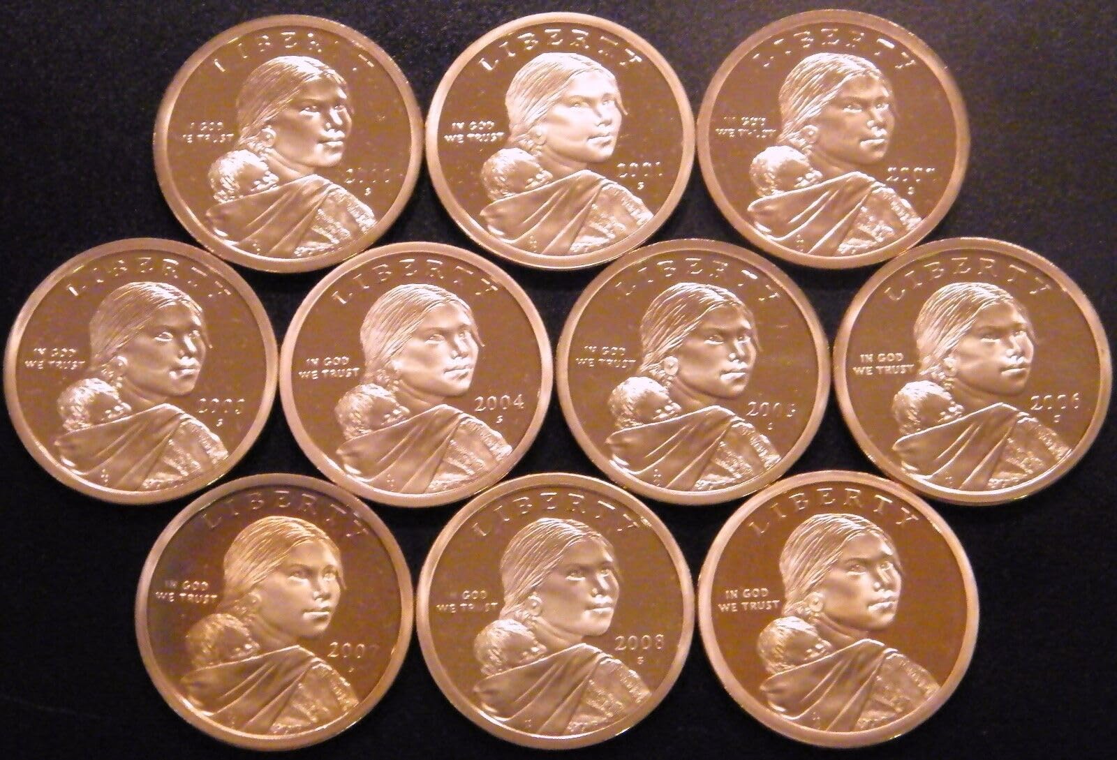 2000 S 2001 2002 2003 2004 2005 2006 2007 2008 2009 Sacagawea Native American Dollars 10-Coin Proof Run - Complete Decade - Collection US Mint Gem Proof DCAM