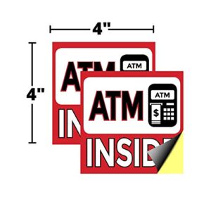 ATM Inside Vinyl Sign, 4" x 4" Sticker Decal, 2 Pack, Red and White, Self- Adhesive