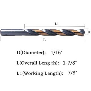 12 PCS 1/16" HSS Black and Gold Coated Twist Drill Bits, Metal Drill, Ideal for Drilling on mild Steel, Copper, Aluminum, Zinc Alloy etc. Pack in Plastic Bag