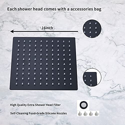 GGStudy 16 Inch Square Stainless Steel Shower Head Rain Style Large Shower Head Matte Black High Pressure