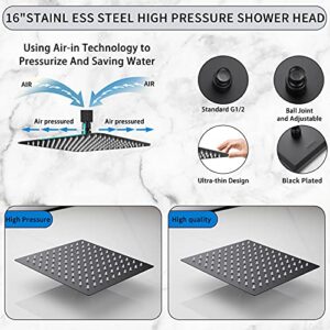 GGStudy 16 Inch Square Stainless Steel Shower Head Rain Style Large Shower Head Matte Black High Pressure