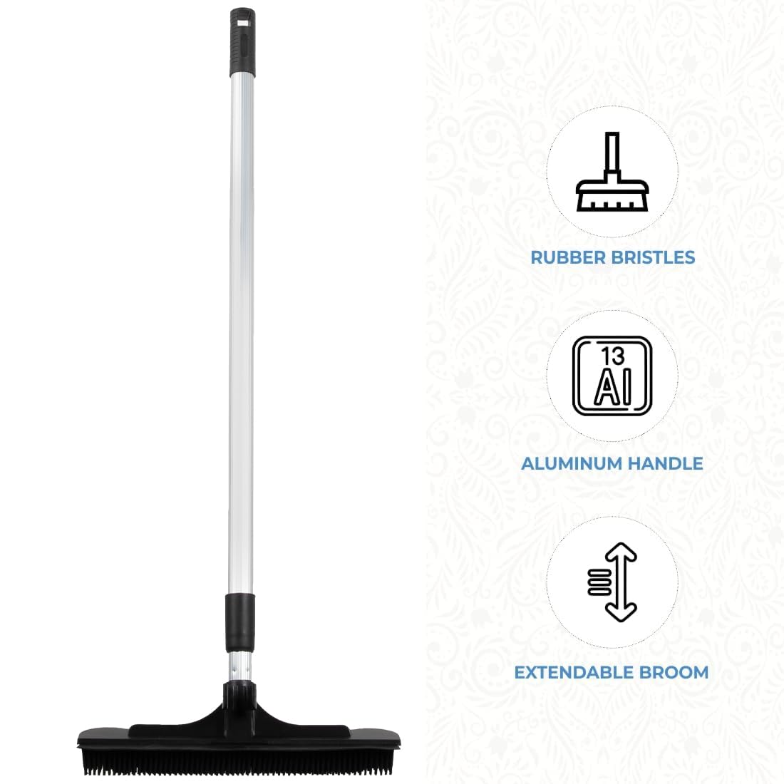 ForPro Professional Collection Extendable Salon Broom, Non-Scratch Rubber Bristles, Aluminum Handle Adjustable to 51.5”, Ideal for Pet Hair, Lint, Dust, Dirt, Black