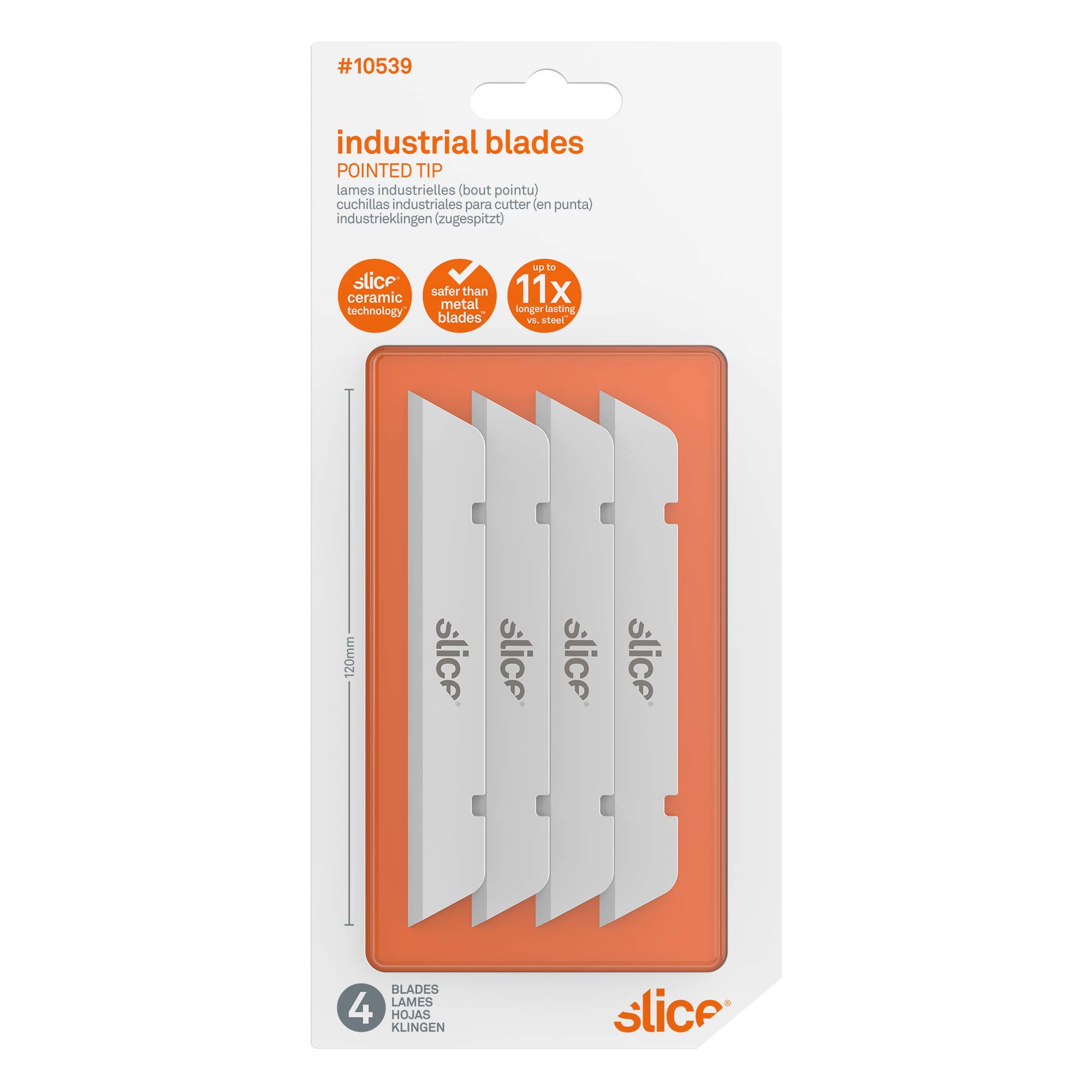 Slice 10539 Extra Long Industrial Blade, Advanced Ceramic, Ideal for Insulation, Batting, Foam, Finger-Friendly Safety Blade; Lasts 11x Longer Than Metal, Pointed Tip (4 Pack)