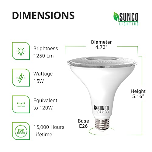 Sunco Outdoor LED Flood Light, Waterproof PAR38 LED Bulb, Dusk to Dawn, 120W Equivalent 15W, Exterior, Wet-Rated, 5000K Daylight 1250 LM, E26 Base, UL 4 Pack