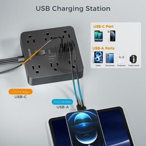 Black Surge Protector Power Strip, TESSAN Flat Plug Extension Cord 5 FT with 6 Outlets 3 USB Charger (1 USB C), 1700J Protection Multiple Outlets Charging Station for Home, Office, College Dorm Room