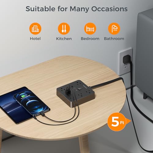 Black Surge Protector Power Strip, TESSAN Flat Plug Extension Cord 5 FT with 6 Outlets 3 USB Charger (1 USB C), 1700J Protection Multiple Outlets Charging Station for Home, Office, College Dorm Room