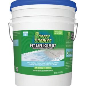 Green Gobbler Pet Safe Ice Melt Effective to -15° Fahrenheit | 35lb Pail | Fast Acting Treatment | Magnesium Chloride Ice Melt Pellets | No Concrete Damage