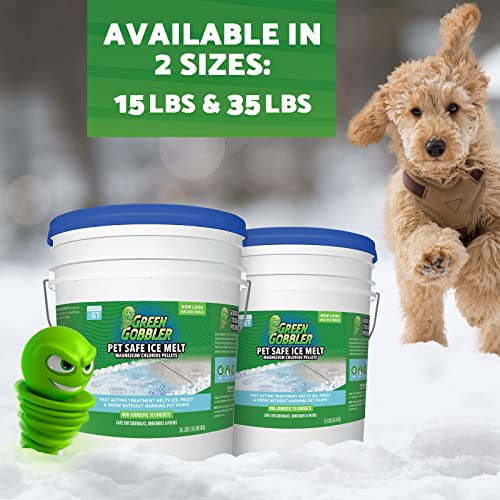 Green Gobbler Pet Safe Ice Melt Effective to -15° Fahrenheit | 35lb Pail | Fast Acting Treatment | Magnesium Chloride Ice Melt Pellets | No Concrete Damage