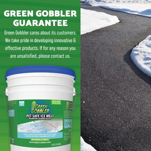 Green Gobbler Pet Safe Ice Melt Effective to -15° Fahrenheit | 35lb Pail | Fast Acting Treatment | Magnesium Chloride Ice Melt Pellets | No Concrete Damage