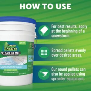 Green Gobbler Pet Safe Ice Melt Effective to -15° Fahrenheit | 35lb Pail | Fast Acting Treatment | Magnesium Chloride Ice Melt Pellets | No Concrete Damage