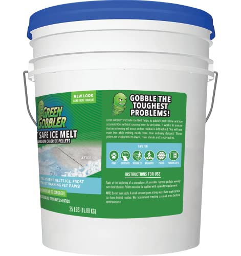 Green Gobbler Pet Safe Ice Melt Effective to -15° Fahrenheit | 35lb Pail | Fast Acting Treatment | Magnesium Chloride Ice Melt Pellets | No Concrete Damage