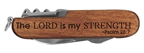 Christian Gifts for Men Lord is My Strength Engraved Dark Wood 6 Function Pocket Knife Dark Brown