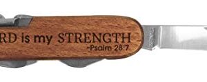 Christian Gifts for Men Lord is My Strength Engraved Dark Wood 6 Function Pocket Knife Dark Brown