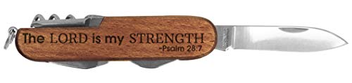 Christian Gifts for Men Lord is My Strength Engraved Dark Wood 6 Function Pocket Knife Dark Brown