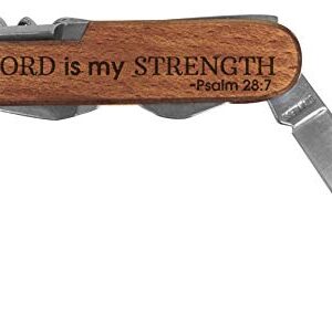 Christian Gifts for Men Lord is My Strength Engraved Dark Wood 6 Function Pocket Knife Dark Brown