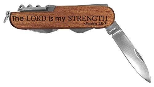 Christian Gifts for Men Lord is My Strength Engraved Dark Wood 6 Function Pocket Knife Dark Brown