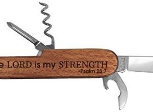 Christian Gifts for Men Lord is My Strength Engraved Dark Wood 6 Function Pocket Knife Dark Brown