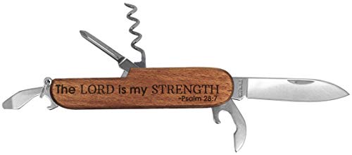 Christian Gifts for Men Lord is My Strength Engraved Dark Wood 6 Function Pocket Knife Dark Brown