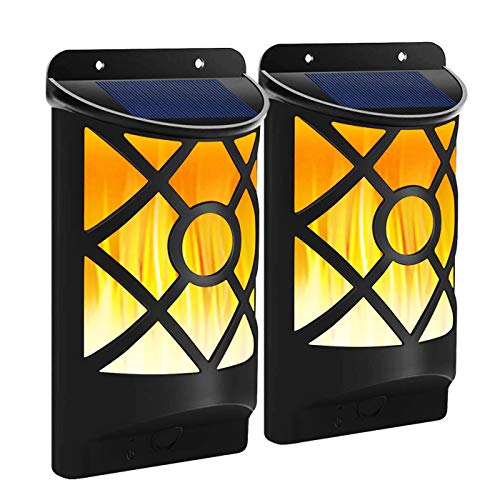 Fitybow Solar Flame Lights Outdoor, Waterproof Flickering Flame Solar Lights Dark Sensor Auto On/Off 66 LED Solar Powered Wall Mounted Night Lights Lattice Design for Patio Deck Driveway (2Packs)