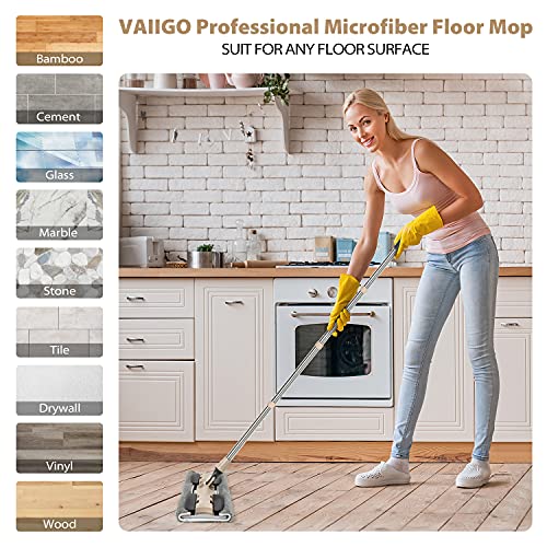 VAIIGO Professional Microfiber Hardwood Floor Mop, Flat Mops with 5 Pieces Reusable Washable Pads for Home and Office Wet or Dry Floor Cleaning (Sky Blue)