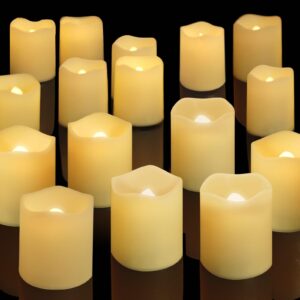 shymery flameless votive candles,lasts 2x longer,battery operated led tea lights with warm white flickering light,small electric fake tea candle realistic for wedding,table,outdoor,pack of 12