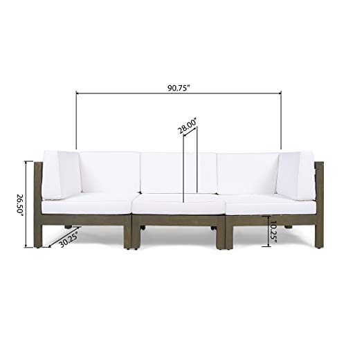 Great Deal Furniture Keith Outdoor Sectional Sofa Set | 3-Seater | Acacia Wood | Water-Resistant Cushions | Gray and White