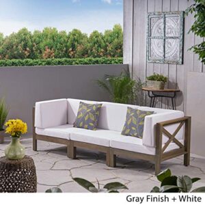 Great Deal Furniture Keith Outdoor Sectional Sofa Set | 3-Seater | Acacia Wood | Water-Resistant Cushions | Gray and White