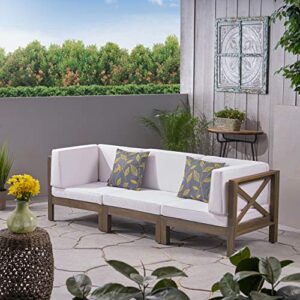 Great Deal Furniture Keith Outdoor Sectional Sofa Set | 3-Seater | Acacia Wood | Water-Resistant Cushions | Gray and White