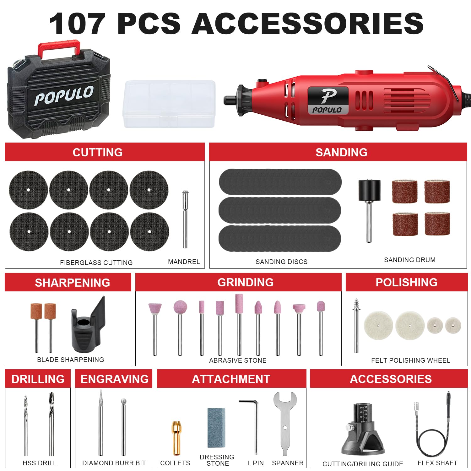 POPULO Power Rotary Tool Kit with Flexible Shaft, 107 PCS, Variable Speed Engraving Tool Kit Grinder Woodworking Corded Rotary Tools Drimmer Set, for Carving Sanding Cutting Polishing, Gift for DIYer