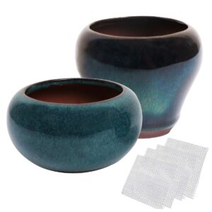 happy bonsai 2 pc mini glazed pots value set + 4 soft mesh drainage screens