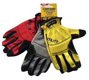 tough working gloves, 3 pair utility, red, gray, yellow
