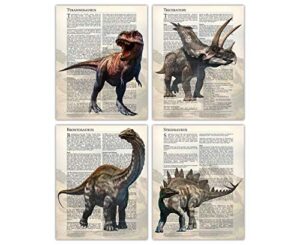 trex, triceratops, brontosaurus, stegosaurus set of 4, 8x10 dinosaur wall art: embark on a jurassic journey with this dinosaur room decor for boys, girls & teens - great dinosaur poster for bedroom