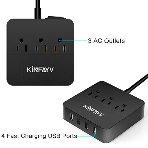 Kinfayv Power Strip with 4 USB Ports & 3 Outlets - Portable USB Strip Surge Protector Desktop Charging Station USB Power Cord with On/Off Switch & 5 Feet Cord for Travel, Hotel, Office